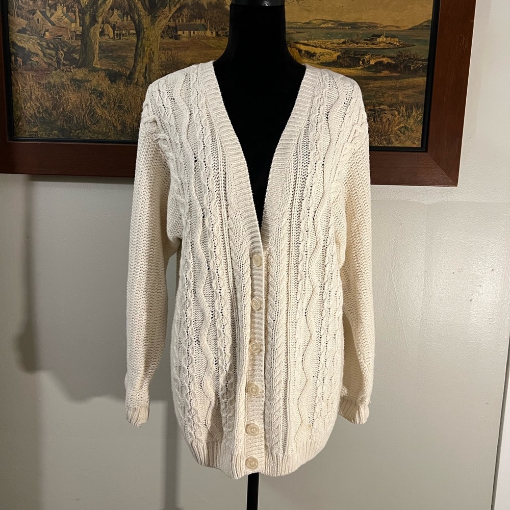 90s Liz Baker Chunky Cream Cable Knit Cardigan